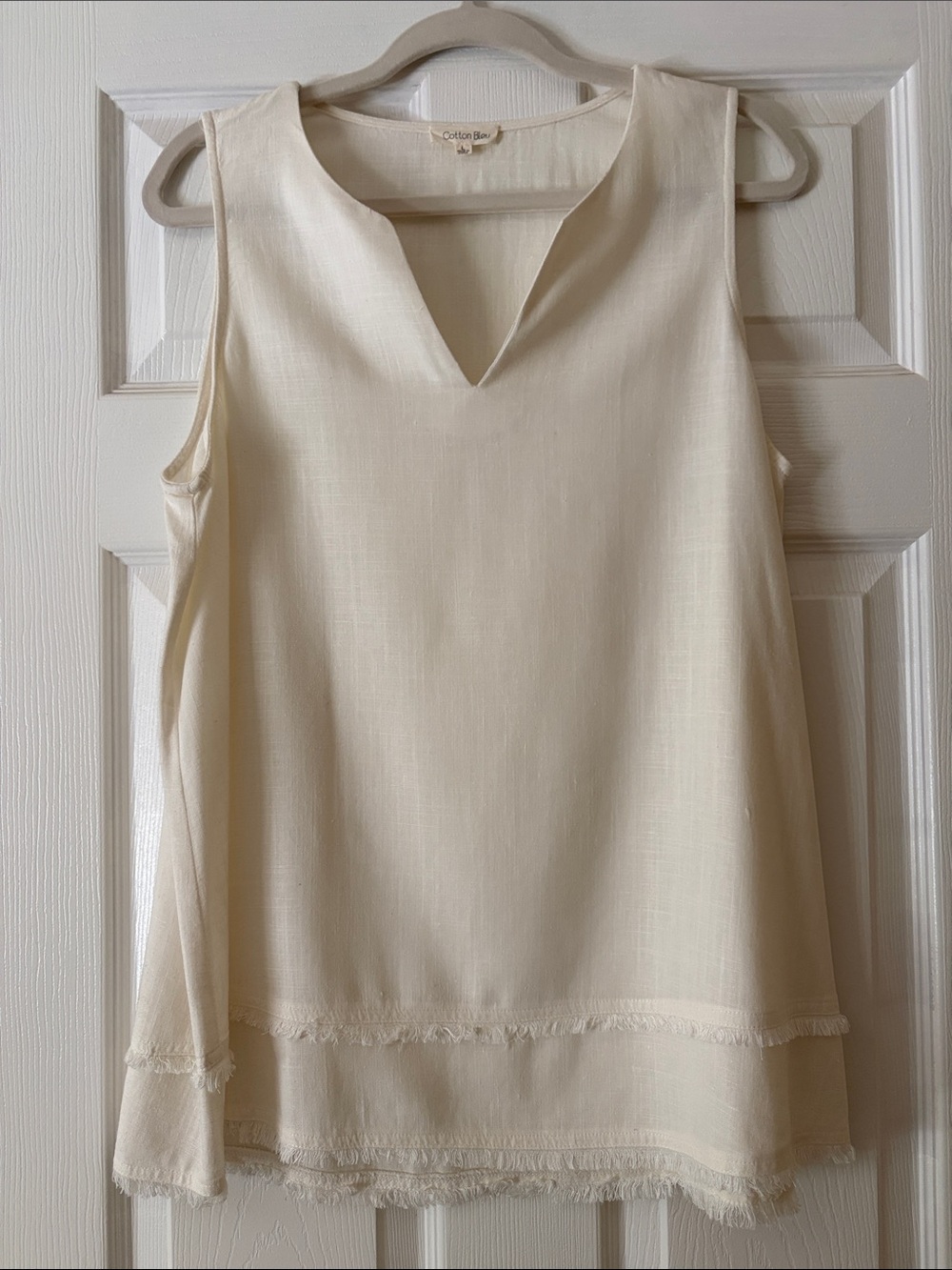 Cotton Box Cream Sleeveless V-Notch Fringe Detail Tank